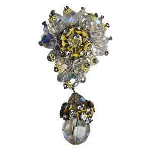 Vtg Signed Vendome Faceted Glass Cluster Dangle Yellow Enamel Pin Brooch